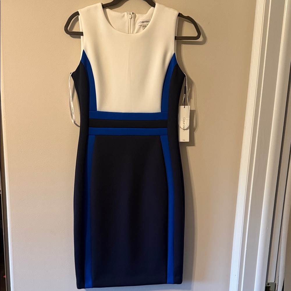 Calvin Klein White, Royal Blue & Black Colorblock Midi Sheath Dress
